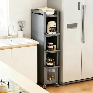 Imagem de Armário de armazenamento multicamadas independente estreita alta prateleira com design de porta de aba transparente e organizador de armário de rodas para economia de espaço pequeno e cozinha (cinza
