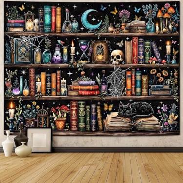 Imagem de Motanber Tapeçaria Witchy Bookshelf Magic Gothic Witch Library Tapestries Wall Hanging Vintage Cogumelo Caveira Gato Preto Dark Academia Book Tapeçaria Grande para Quarto Sala Dormitório 203 x 152 cm
