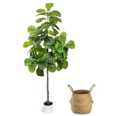 Imagem de LuceAlberi Folha de violino artificial figueira, 1,8 m – árvore falsa grande com vaso branco e cesta de algas marinhas, plantas altas para piso de ficus lyrata para decoração de casa interna