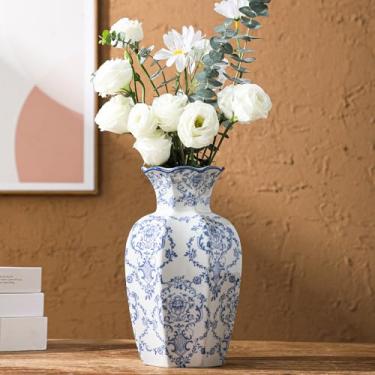 Imagem de Kiiwaa Vaso de cerâmica azul e branco, vaso decorativo retrô chinês de 24 cm para chão ou mesa, vaso de fazenda clássico para decoração de sala de estar, mesa rústica