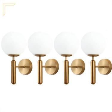 Imagem de Kit 4 Arandela Dourada Globo Vidro Branco E27 Sala Lavabo - Acende A L