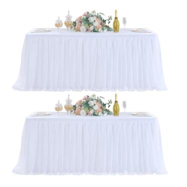 Imagem de familus Toalhas de mesa brancas retangulares de 2,8 m, 2 painéis, toalha de mesa de tule elástica com babados, elastano para saias de mesa de tule de 2,8 m para festas, casamentos, banquetes