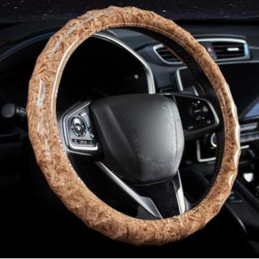 Imagem de Knonip Capa de volante de couro de 38 cm pêssego grão de madeira antiderrapante respirável confortável quatro estações protetor universal de roda de carro (bege)