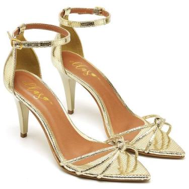 Imagem de Sandália Bico Folha Salto Médio Lagarto Dourado Ella's, 35, Dourado, F