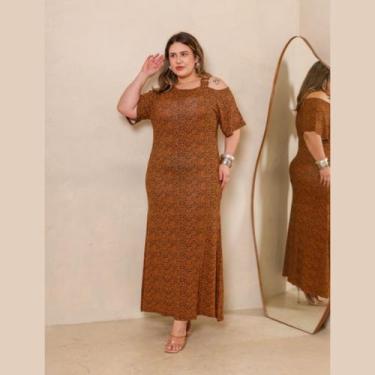 Imagem de Vestido Dut Verão Estampado Plus Size Ombro Vazado Fivela, Marrom, 48