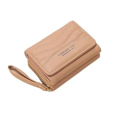 Imagem de Carteira feminina de poliuretano, porta-cartões com zíper em três dobras, carteira pequena bordada, porta-cartões de crédito, bolsas fofas com zíper, carteira curta fina para mulheres e meninas, Caqui