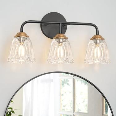 Imagem de Daunton Luminária vintage de 3 luzes, luminária de banheiro preta e dourada, luminárias de banheiro com sombra de vidro, luminárias antigas sobre espelho, arandela de parede para quarto, sala de estar