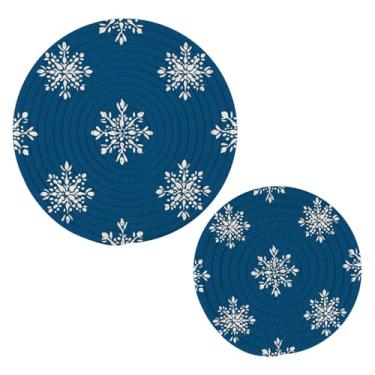 Imagem de Wassud Conjunto de trivet de floco de neve azul abstrato para pratos quentes, suportes redondos de algodão, almofadas quentes, porta-copos elegantes, decoração de cozinha e acessórios, 2 peças