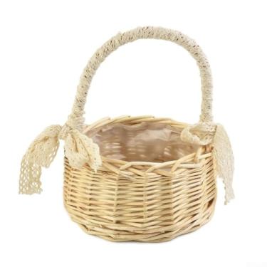 Imagem de Organizador de vime tecido à mão com revestimento de plástico, cesta de armazenamento decorativa interna e externa com laço de renda para plantas, cosméticos, toalhas, chaves, vários tamanhos, vime