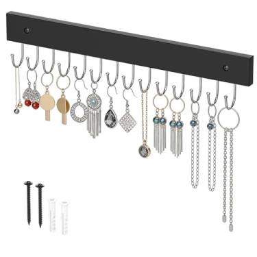 Imagem de QTJUST Suporte de colar montado na parede organizador de joias de madeira, armazenamento de brincos e pulseira de anel, exibição de joias decorativa que economiza espaço (preto, 1 pacote)