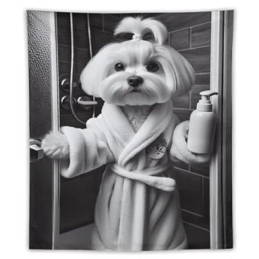 Imagem de Tapeçaria de roupão maltês preto branco cena de chuveiro bonito animal de estimação arte pendurar na parede decoração de casa de banho quarto ambiente alegre tapeçaria 70 x 227 cm