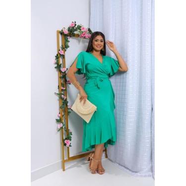 Imagem de Vestido envelope longo  viscolinho liso manga curto - SP STORE, Verde 