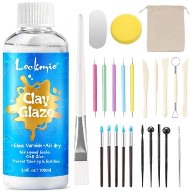 Imagem de Esmalte de argila seca a ar de 100 ml e kit de ferramentas de 25 peças, selante protetor de verniz de argila brilhante para evitar rachaduras, arranhões e desgaste - ferramentas de cerâmica para