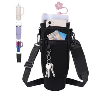 Imagem de Suporte para garrafa de água de neoprene com bolso para telefone e mosquetão – Alça ajustável para copos Stanley de 30/1,134 g, acessórios para copo com zíper duplo, preto