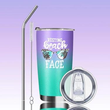 Imagem de Copos isolados de 590 ml com tampa e canudo | Descansando rosto de praia parede dupla de aço inoxidável a vácuo café caneca engraçada legal | Uso de bebidas quentes e geladas (menta + roxo)