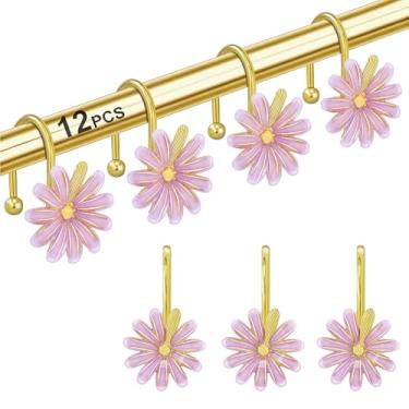 Imagem de LUMITI Ganchos de cortina de chuveiro, resistente à ferrugem bonito margarida metal decorativo conjunto de 12 ganchos para cortinas de banheiro, roupas, toalhas (dourado roxo)