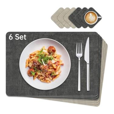 Imagem de KitchenBoss Conjunto de 6 jogos americanos e porta-copos de couro sintético, antiderrapante, tapetes de mesa de jantar, impermeáveis, resistentes ao calor, para mesas de jantar e mesas de jantar