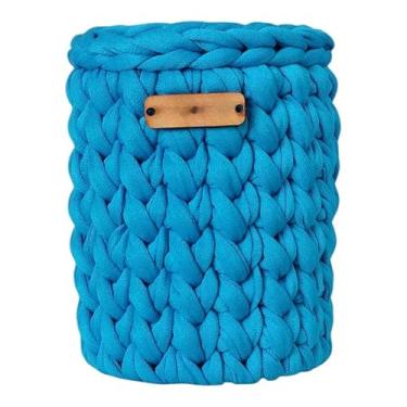 Imagem de Organizador de Mesa Artesanal em Crochê com Base de Madeira - Porta-Lápis Caneta Cachepô Multiuso para Ambientes Organizados (Turquesa)