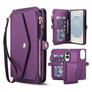 Imagem de Capa carteira para Samsung Galaxy S25 Edge, capa flip magnética destacável com compartimentos para cartões, bloqueio RFID, suporte e alça de pulso, capa protetora para celular (roxa)