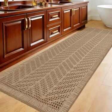 Imagem de Tapete de banheiro extra grande, bege, espinha de peixe, 1,8 m x 5 cm, super absorvente, antiderrapante, secagem rápida, tapetes de banheiro com borlas, laváveis à máquina, tapetes de banheiro boho e