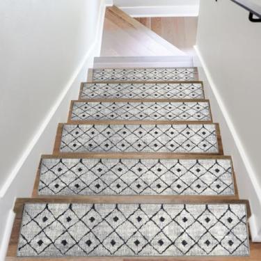 Imagem de Tapete antiderrapante para degraus de madeira, preto e branco, geométrico, resistente a corredores, tapetes de borracha para cães, crianças e idosos, aderência de escada