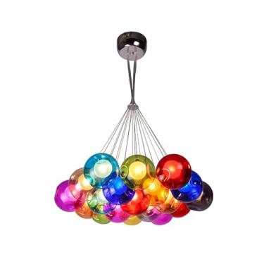 Imagem de Lustre pendente moderno e colorido com várias lâmpadas, acabamento cromado, soquete G4, globo de vidro soprado à mão, luminária de teto suspensa para ilha de cozinha, escada, sala de estar (