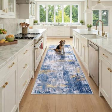 Imagem de RELEANY Tapetes laváveis 7,5 x 18,8 cm, modernos, abstratos, macios para sala de estar, entrada, quarto, berçário, estampado, cinza, azul, ouro/dourado