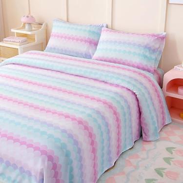 Imagem de MICORAL Jogo de lençol infantil com escamas de peixe coloridas, 4 peças de lençóis para meninos e meninas, lençóis de microfibra com estampa macia, jogo de cama infantil aconchegante, escamas de peixe