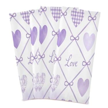 Imagem de Wassud Toalhas de prato xadrez de lavanda corações de cozinha, pacote com 4 panos de prato macios com laço para pendurar, toalha de mão de secagem rápida, super absorvente, toalhas de chá de mesa