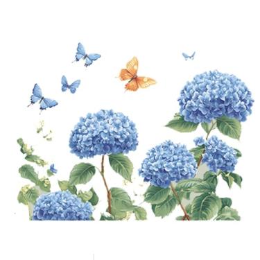 Imagem de Achang Adesivos de parede de plantas azul hortênsia borboleta vidro janela adesivo descascar e colar para sala de estar quarto TV parede decoração sala de aula