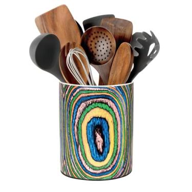 Imagem de BOXJINCO Suporte Para Utensílios De Cerâmica, Organizador Bancada Cozinha Estilo Boêmio Decoração Interiores Fazenda, Madeira Com Anéis Concêntricos/Porta-Colheres (6,5 Polegadas)