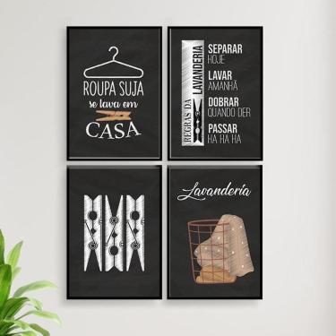 Imagem de Kit 4 Quadros Decorativo Lavanderia Giz 33X24CmVidro Preta