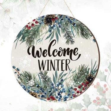 Imagem de Chunful Placa de boas-vindas de inverno para decoração de parede de porta, guirlanda externa de inverno para porta da frente 30,5 cm x 30,5 cm, placa de madeira para pendurar pinheiros, decoração de