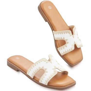 Imagem de KENMITDY Sandálias femininas sem cadarço modernas, sandálias rasteiras macias de espuma viscoelástica, de couro confortável, bico aberto para o verão, Ouro branco, 35