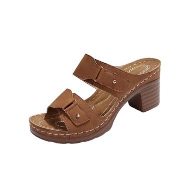 Imagem de Sandálias femininas de salto plus size com bico redondo e salto grosso para uso casual e confortável, Marrom, 36