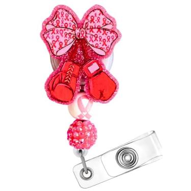 Imagem de Luvas de boxe carretel de crachá rosa com laço brilhante fita de conscientização contra o câncer de mama Suporte de identificação de sobrevivente com clipe jacaré, acessórios de clínica hospitalar