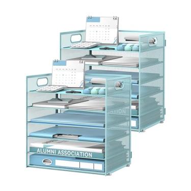 Imagem de Daltack Organizador de papel de 6 camadas para mesa, organizador de bandeja de papel para mesa, organizadores de arquivos de mesa de malha com alça para escritório, casa, escola, azul, pacote com 2
