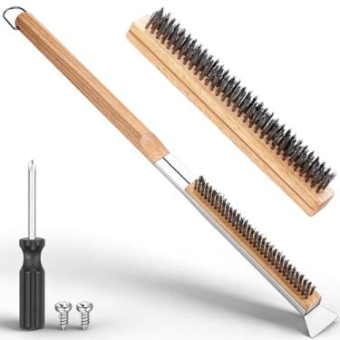 Imagem de Yiyiring Escova de forno de pizza de 53 cm com raspador de pedra de aço inoxidável e cerdas, acessório de forno externo inclui escova de substituição extra, cabeça e chave de fenda