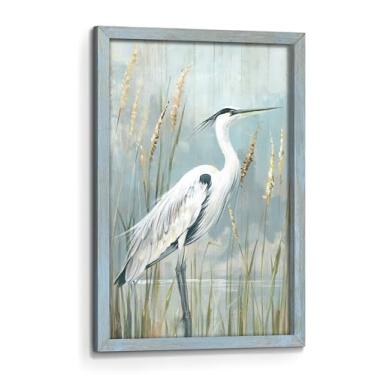 Imagem de Arte de parede de pássaro do mar na praia: Cena de algas marinhas de garça costeira impressões emolduradas em madeira pintura de paisagem do oceano decoração de arte para quarto banheiro escritório em