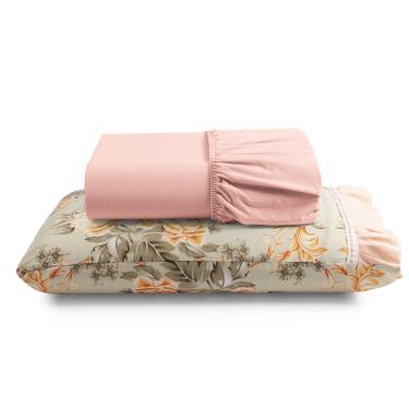Imagem de Jogo Cama Lençol Fiore Solteiro Estampado 180 Fios 100% Algodão com Babadinho 2 Peças Salmão Floral