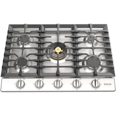 Imagem de GASLAND Chef Collection Fogão a gás de 76 cm, GH4305SF Fogão a propano de 5 queimadores com churrasqueira/chapa reversível de ferro fundido, plug-in de bancada a gás, panelas conversíveis NG/GLP, aço