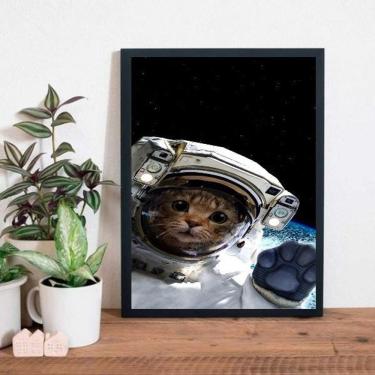 Imagem de Quadro Decorativo Gatinho Astronauta 33X24Cm - Madeira Preta
