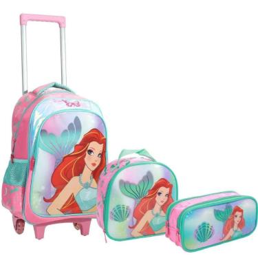 Imagem de Kit Mochila Rodinha Lancheira Estojo Duplo Infantil Escolar Menina Ariel Pequena Sereia Yepp-Feminino