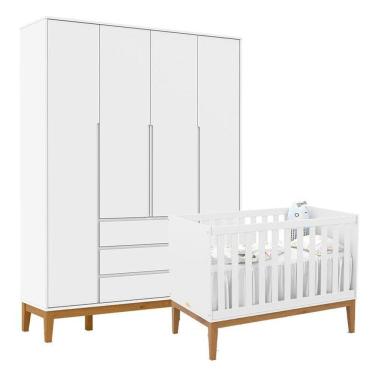 Imagem de Berço Americano Unique E Guarda Roupa 4 Portas Nature Clean Branco Soft Eco Wood - Matic