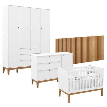 Imagem de Quarto De Bebê Unique 4 Portas Com Cômoda Sapateira E Painel Ripado Branco Soft Eco Wood - Matic