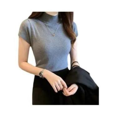 Imagem de Suéter Feminino De Tricô Gola Alta Slim Fit Manga Curta Estilo Coreano