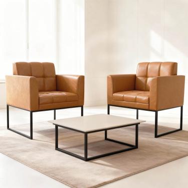 Imagem de Poltrona Sala Decorativa Kit 2 Elisa Base Industrial Preta Sintético PU Whisky D03 - D'Rossi