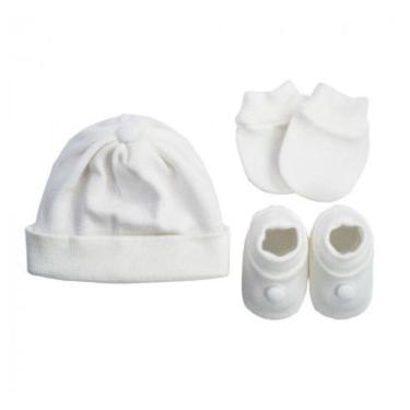Imagem de Kit Sapatinho + Luva + Touca de Tricot Branco 0 a 3 Meses Fio de Amor Baby