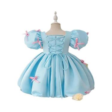 Imagem de Vestido Azul Céu Para Bebê Menina Com Laço Rosa  Elegante Saia Para Fe