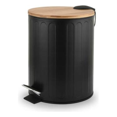 Imagem de Lixeira Com Pedal Tampa De Bambu 5 Litros Inox Banheiro - Wincy, Preto